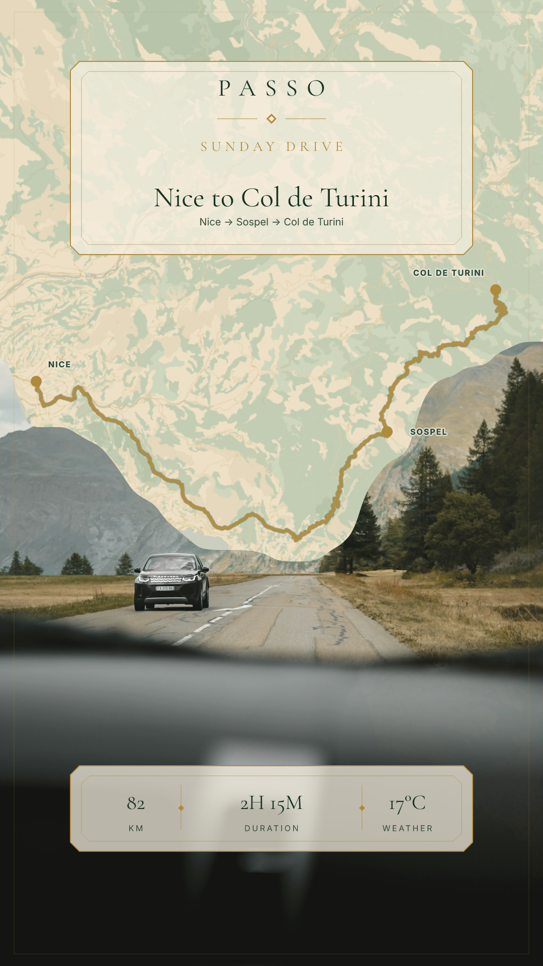 Generated Passo Journey Card combining a map route with a scenic road photograph