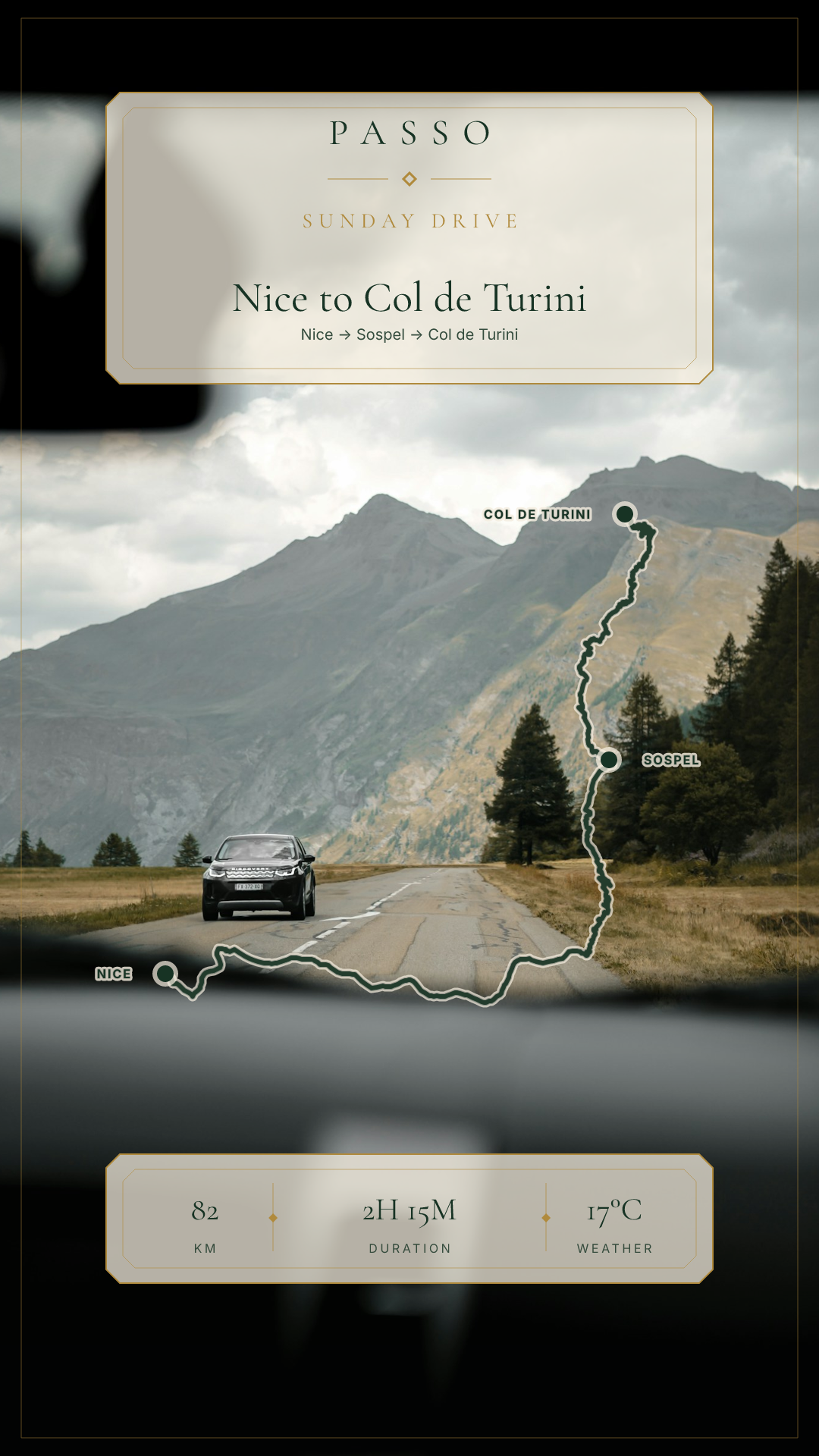Generated Passo Journey Card using a scenic photo with an overlaid route