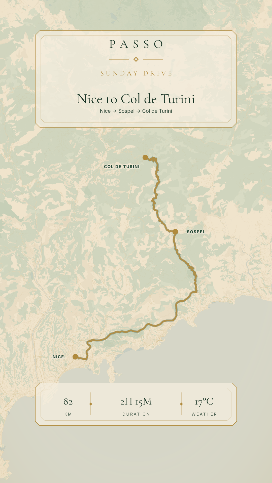 Generated Passo Journey Card with a detailed map route and Roadbook styling