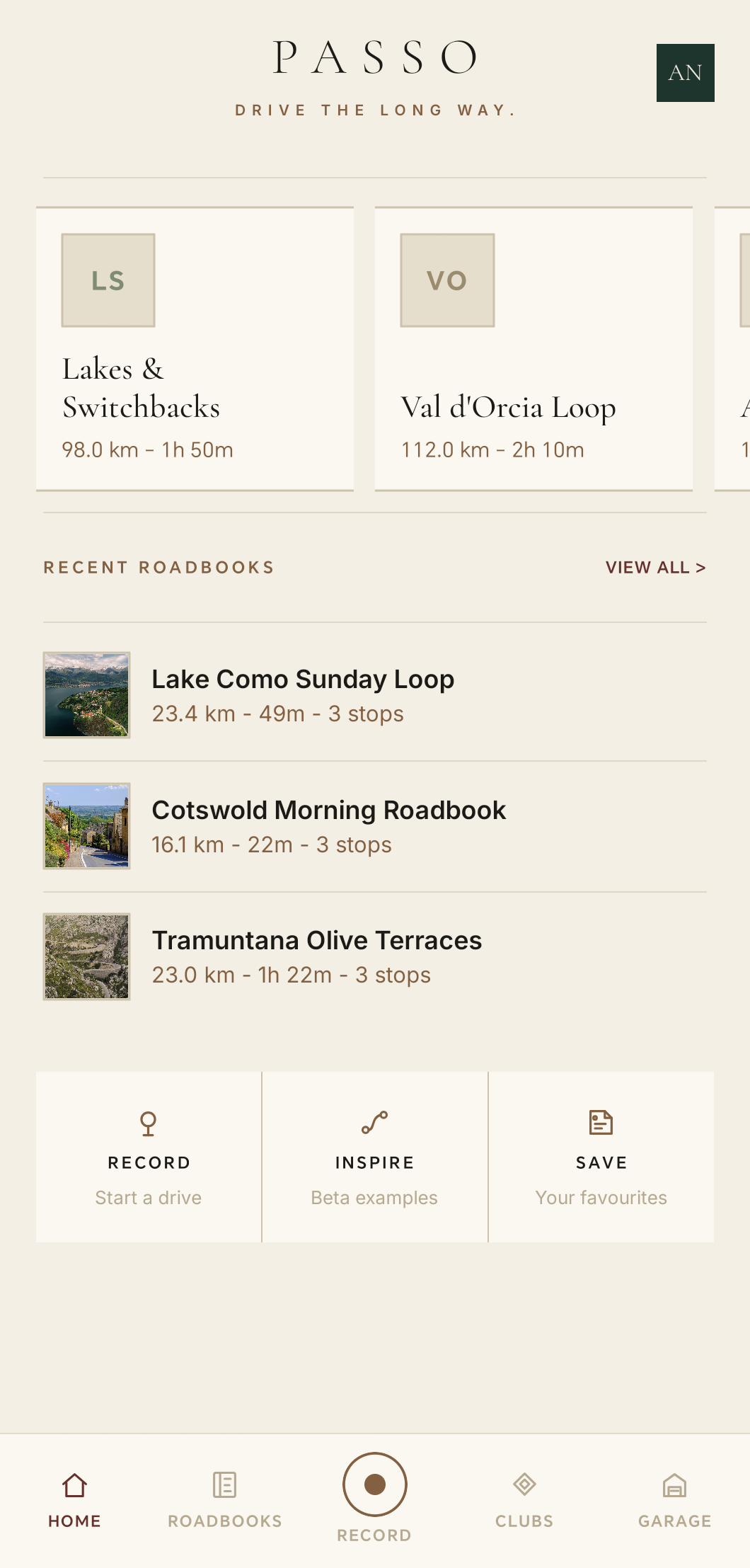 Passo home screen with recent Roadbooks and inspiration
