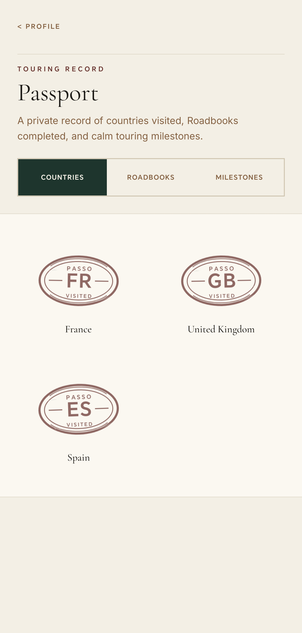 Passo Passport screen showing visited country stamps