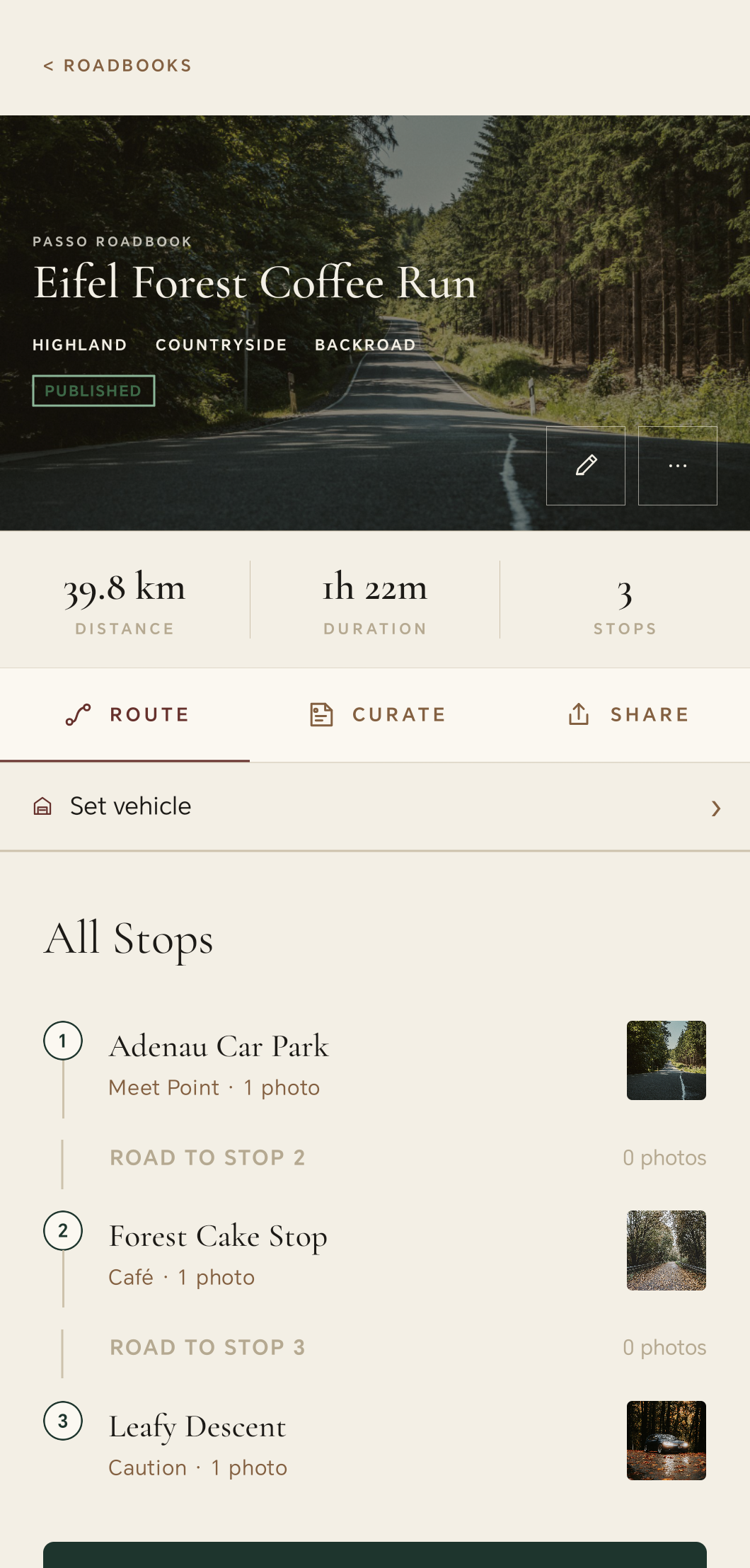 Passo Android beta showing a curated scenic Roadbook with stops and route details