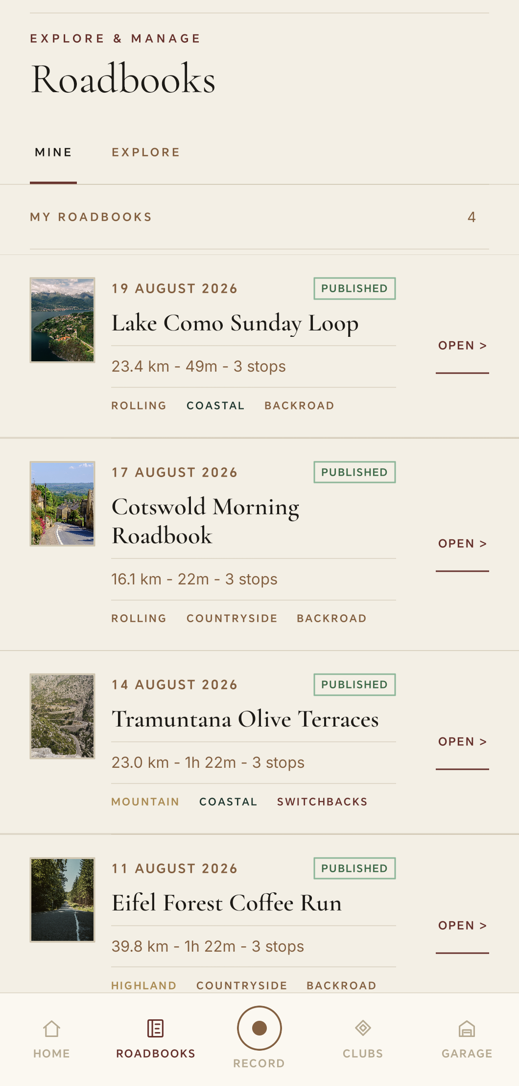 Passo Roadbooks list showing several published scenic drives